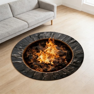 May include: A circular rug with a fire pit design. The rug has a dark grey stone-effect border around a central image of a burning fire with orange and yellow flames and dark charcoal.