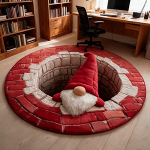Op de afbeelding: Een ronde vloerkleed met een 3D-putontwerp, met rode baksteen- en steendetails. Een pluche kabouter met een rode hoed, witte baard en bruine neus is in de put geplaatst. Het kleed ligt op een houten vloer.