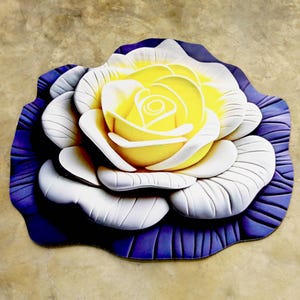 May include: A large, three-dimensional decorative rose in shades of yellow, white, and purple. The flower has multiple layers of petals, with a detailed center. The outer petals are a deep purple, transitioning to white and yellow in the center.