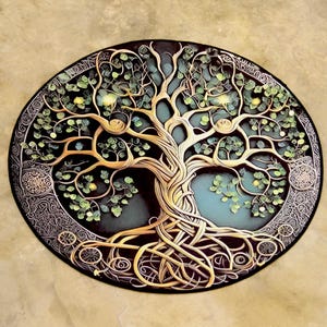 May include: Circular wall art depicting the Tree of Life. The design features a golden tree with interwoven roots and branches, embellished with green leaves, set against a dark blue backdrop. The outer edge has an intricate Celtic knot pattern.