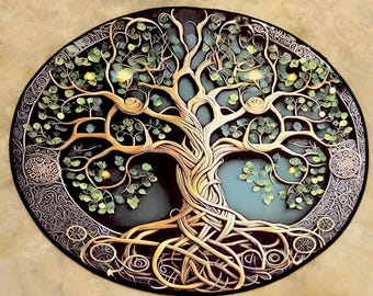Arte de pared celta con árbol de la vida: decoración de mandala redonda intrincada para un hogar bohemio, lienzo circular colorido para sala de estar.