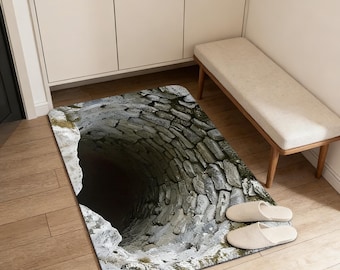 3D Deep Stone Well Optical Illusion Rug, Realistic Cave Hole Doormat, Non-Slip Bathroom Mat, Gothic Rustic Home Decor, Scary Hole Floor Mat