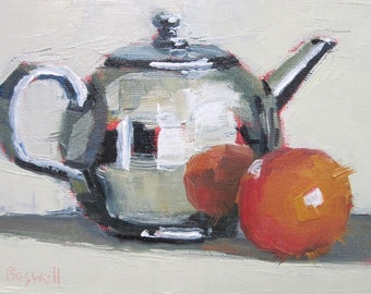 Jennifer Boswell Teapot Clementine 5x7 Signed Canvas Print from Original Oil Painting Kitchen Painting Christmas Gift Ready to Hang