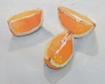 May include: Three orange slices on a white background. The orange slices are arranged in a triangular shape. The painting is signed "J. Boswell" in the lower left corner.