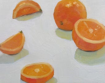 May include: A still life painting of four orange slices and one whole orange on a white background. The oranges are painted in a realistic style with a focus on their texture and color.