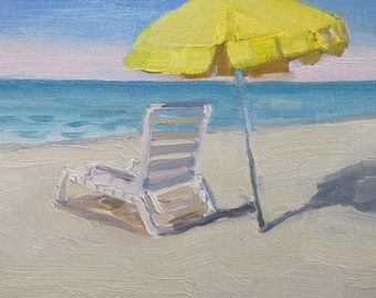 Jennifer Boswell 8x8 Beach Chair Umbrella Signed Canvas Print from Original Oil Painting Kitchen Painting Modern Beach House Art  Gift