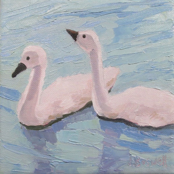 Jennifer Boswell 8x8 Swan Signed Canvas Print from Original Oil Painting Kitchen Painting Bird Animal Nursery Dorm Housewarming Gift
