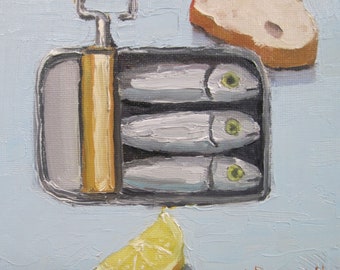 Jennifer Boswell 8x8 Signed Sardines Canvas Print from Original Oil Painting Kitchen Painting Still Life Wall Decor Beachhouse Art Gift