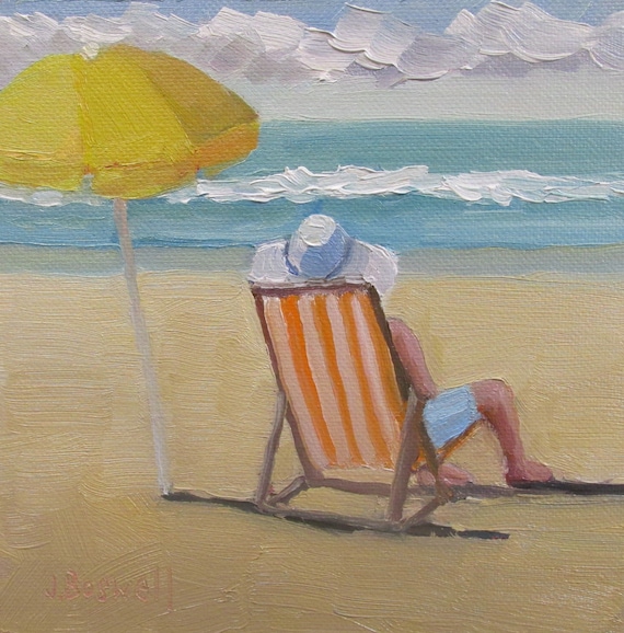 Original Jennifer Boswell Yellow Umbrella Figurative Lady at Beach
