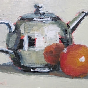 Jennifer Boswell 14x10 Signed Tangerine Teapot Canvas Print from Original Oil Painting Kitchen Painting Still Life Gift Farmhouse Art Decor