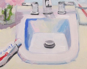 Jennifer Boswell 20x20 Bathroom Sink Signed Stretched Canvas Print from Original Oil Painting Bathroom Housewarming Gift Ready to Hang