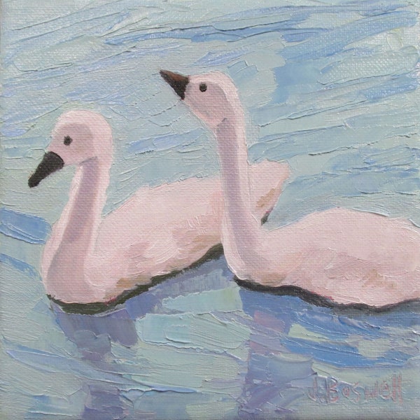 Jennifer Boswell 12x12 Swan Signed Canvas Print from Original Oil Painting Kitchen Painting Bird Nursery Birthday Gift Ready to Hang