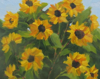 May include: A painting of a bouquet of yellow sunflowers with green leaves against a light blue background.