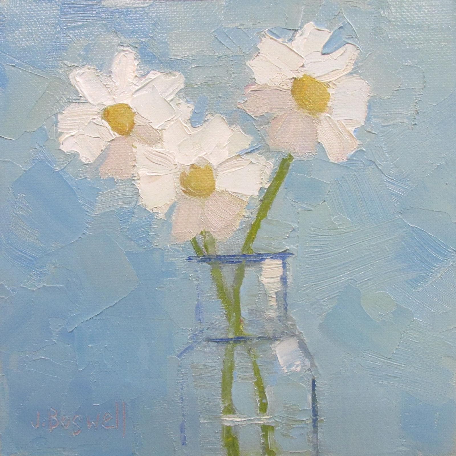 Impresión en lienzo firmada de margaritas de 8 x 8 de Jennifer Boswell a partir de pintura al óleo original Pintura de cocina Naturaleza muerta Regalo de inauguración de la casa