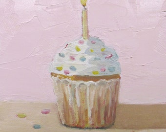 Jennifer Boswell 8x8 Birthday Cupcake Candle Canvas Print from Original Oil Painting Kitchen Painting Birthday Gift Still Life Kids Room Art