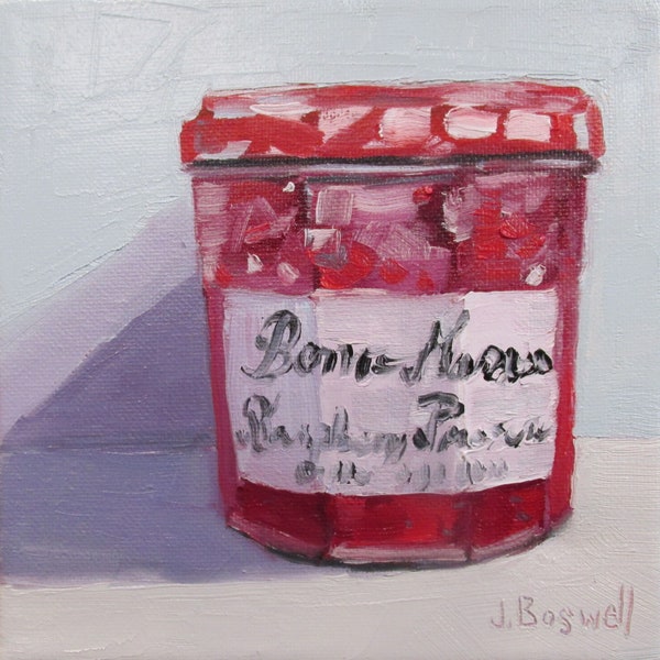 Jennifer Boswell 8x8 Raspberry Jam Preserves Signed Canvas Print from Original Oil Painting Kitchen Painting Still Life Housewarming