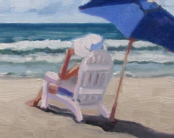 Jennifer Boswell 8x8 Lady Beach Chair Umbrella Signed Canvas Print from Original Oil Painting Kitchen Painting Modern Beach House Art Gift
