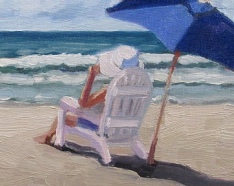 Canvas Print Jennifer Boswell Canvas Print 8x8 Lady Beach Chair Blue Umbrella Signed Canvas Print from Original Oil Decor Housewarming Gift