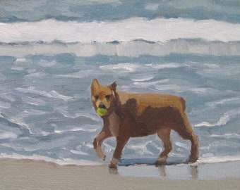 Jennifer Boswell 12x12 Padaro Beach Dog Signed Canvas Print from Original Oil Painting Dog Painting Beach Housewarming Gift Ready to Hang