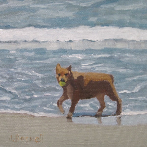 Jennifer Boswell 12x12 Padaro Beach Dog Signed Canvas Print from Original Oil Painting Dog Painting Beach Housewarming Gift Ready to Hang