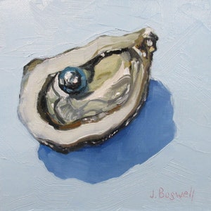 Jennifer Boswell 8x8 Oyster Signed Canvas Print from Original Oil Painting Kitchen Painting Still Life Wall Decor Beach House Art Gift image 1