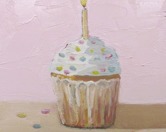 Original Jennifer Boswell Birthday Cupcake Candles Kitchen Painting Textured Still Life Original Oil Painting Small Birthday Art Gift