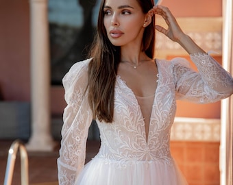 Lace Wedding Dress, Custom sized, Glitter Tulle Skirt, Long Chantilly Sleeves
