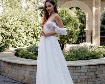 Off-Shoulder Lace Corset Wedding Dress, Custom sized, A-Line Tulle Bridal Gown