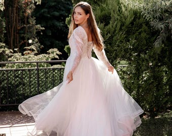 Romantic A-Line Wedding Dress, Lace Corset, Glitter Tulle Skirt