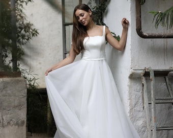 Classic A-Line Wedding Dress, Satin Bodice and Organza Skirt