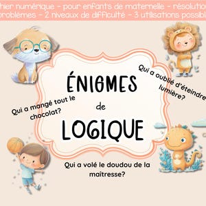 Op de afbeelding: Een digitale PDF voor kleuters met logische puzzels. De afbeelding bevat cartoon illustraties van een hond, leeuw, jongen en dinosaurus. Tekst bevat "Logische Puzzels" en vragen zoals "Wie heeft alle chocolade gegeten?"