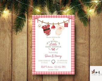 May include: A baby shower invitation with a red and white gingham border. The invitation features illustrations of baby clothes and the text "A Merry Little Baby Shower". The invitation is for Olive & Henry.