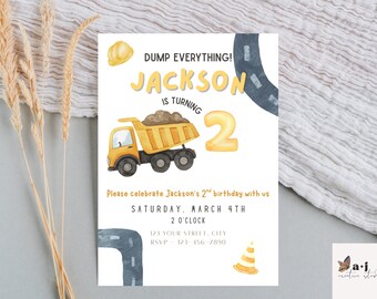 May include: Watercolor birthday invitation featuring a yellow dump truck, road elements, and the text "DUMP EVERYTHING! JACKSON IS TURNING 2". Includes event details: date, time, and RSVP information.