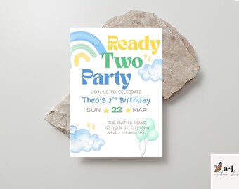 May include: A watercolour birthday invitation with the text "Ready Two Party" in yellow, green, and blue. The invitation is for Theo's 2nd birthday, with the date 22nd March. Includes a rainbow, clouds, and balloons.