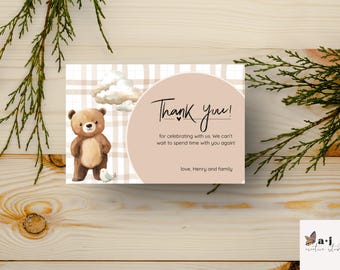 May include: A thank you card with a watercolor illustration of a brown teddy bear, clouds, and a small bird. The card has the text "Thank you!" and a message, signed "love, Henry and family."
