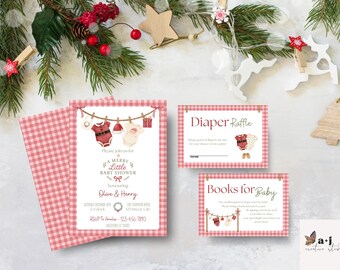 May include: A baby shower invitation set with a Christmas theme. The invitation features a red and white gingham pattern and includes a diaper raffle and books for baby cards. The invitation text reads "A Merry Little Baby Shower".