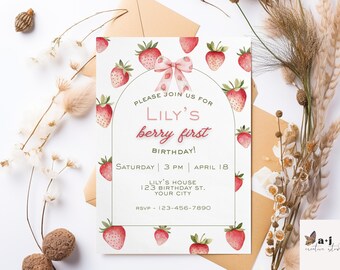 May include: A birthday invitation with a strawberry theme. The invitation features a white background with watercolor strawberries and the text "Lily's berry first birthday!" The date and time are also included.
