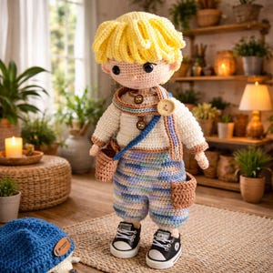 Puede incluir: Muñeca de ganchillo hecha a mano con cabello amarillo, que lleva un suéter blanco, pantalones cortos a rayas azules y beige y zapatillas negras. La muñeca tiene un bolso azul y una bandolera marrón. La muñeca está sobre una alfombra tejida.