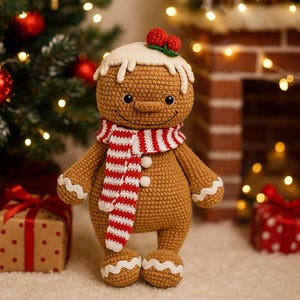 Puede incluir: Muñeco de hombre de jengibre tejido a ganchillo con cabeza de glaseado blanco, bufanda a rayas rojas y blancas y detalles blancos. El muñeco tiene una cara sonriente y está decorado con una baya roja. Es una decoración festiva.
