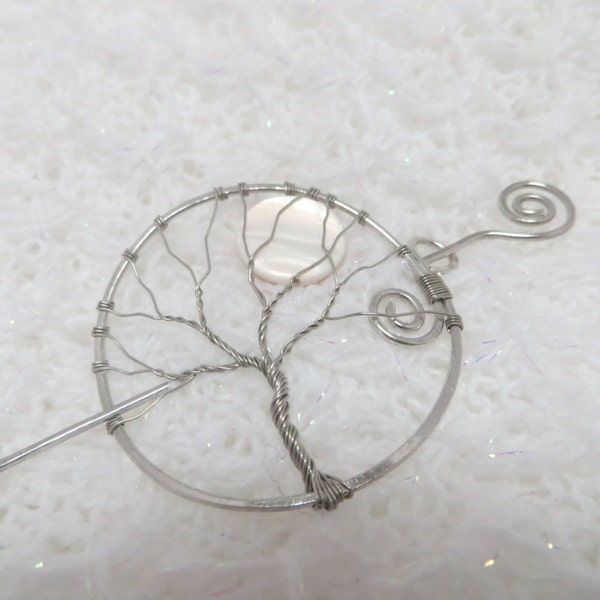 Silver Tree of Life Hair Pin, Silver Tree of Life Shawl Pin, Silver Wire Wrapped Tree With White Shell Moon