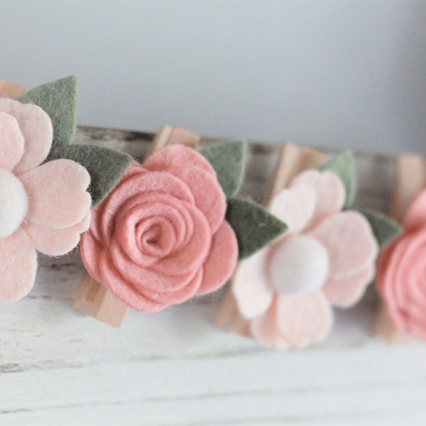 Felt Flower and Rose Decorative Clothespins- Photo Display - Nursery, Monthly Photo, First Birthday, Wedding Decorations - Blush and Wheat