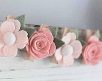 Felt Flower and Rose Decorative Clothespins- Photo Display - Nursery, Monthly Photo, First Birthday, Wedding Decorations - Blush and Wheat