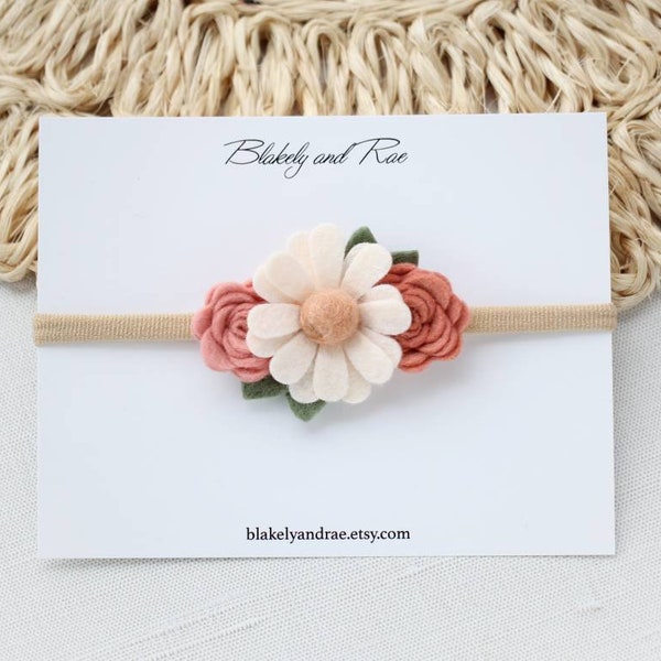 Boho Mini Daisy and Rose Blush and Pink Grapefruit- Two Groovy Birthday Headband- Party Accessories- Neutral Boho Earth Tone Baby to Adult