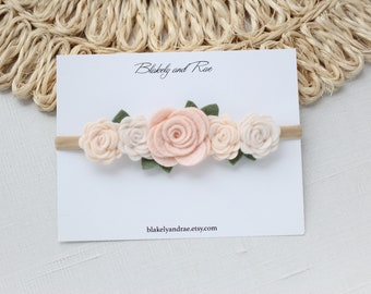 Baby Headband- Vanilla, Wheat and Ivory  Rose Garland Headband-  Boho Neutral Wool Felt Flower Headband