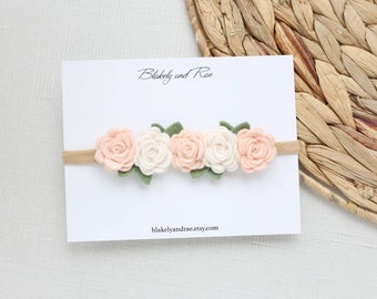 Baby Headband - Off White and Wheat Fields Rose Garland Headband  - Newborn Baby to Adult - Wool Felt Flower Headband- Neutral Floral