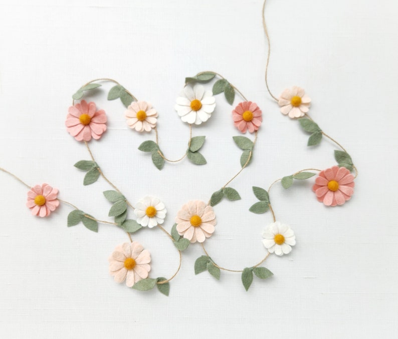Wool Felt Daisy Chain Garland- Blush Pink, Ivory and Wheat- Two Groovy/ Wild One Party Accessories- Woodland Party Decor- Daisy Wall Decor image 11