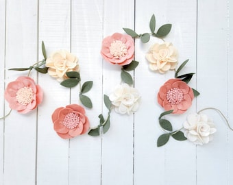 Wool Felt Flower Garland: Boho Nursery Wall Hanging in Blush Pinks and Grapefruit