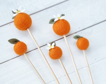Little Cutie Cake Topper Set of 5- Boho Baby Shower Cake Decorations- Felt Orange Birthday Party Cake Decor- Clementine Party Supplies