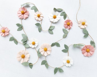 Wool Felt Daisy Chain Garland- Blush Pink, Ivory and Wheat- Two Groovy/ Wild One Party Accessories- Woodland Party Decor- Daisy Wall Decor