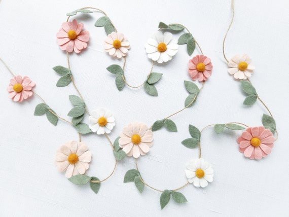Wool Felt Daisy Chain Garland- Blush Pink, Ivory and Wheat- Two Groovy/ Wild One Party Accessories- Woodland Party Decor- Daisy Wall Decor